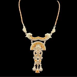 Vintage Ornate Orange and Gold Art Nouveau 3” Drop Pendant Necklace